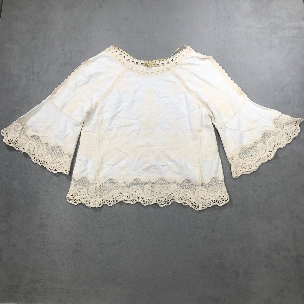 Democracy Blouse Womens Small Top Cream Embroidered Doily Lace Bell Sleeve Y2K